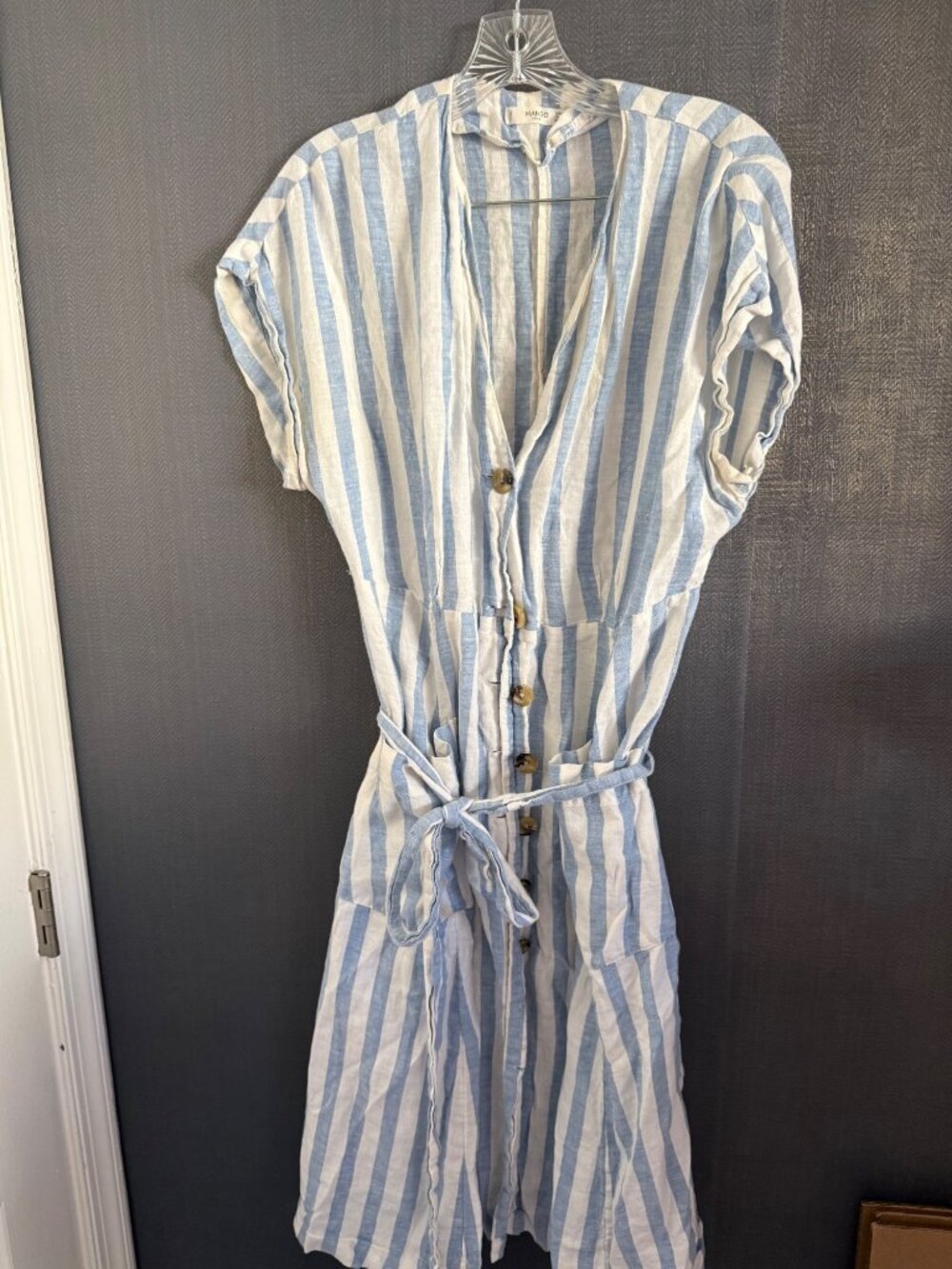 Blue & White Striped Linen Blend Midi Dress With Button Front & Tie Waist By Man